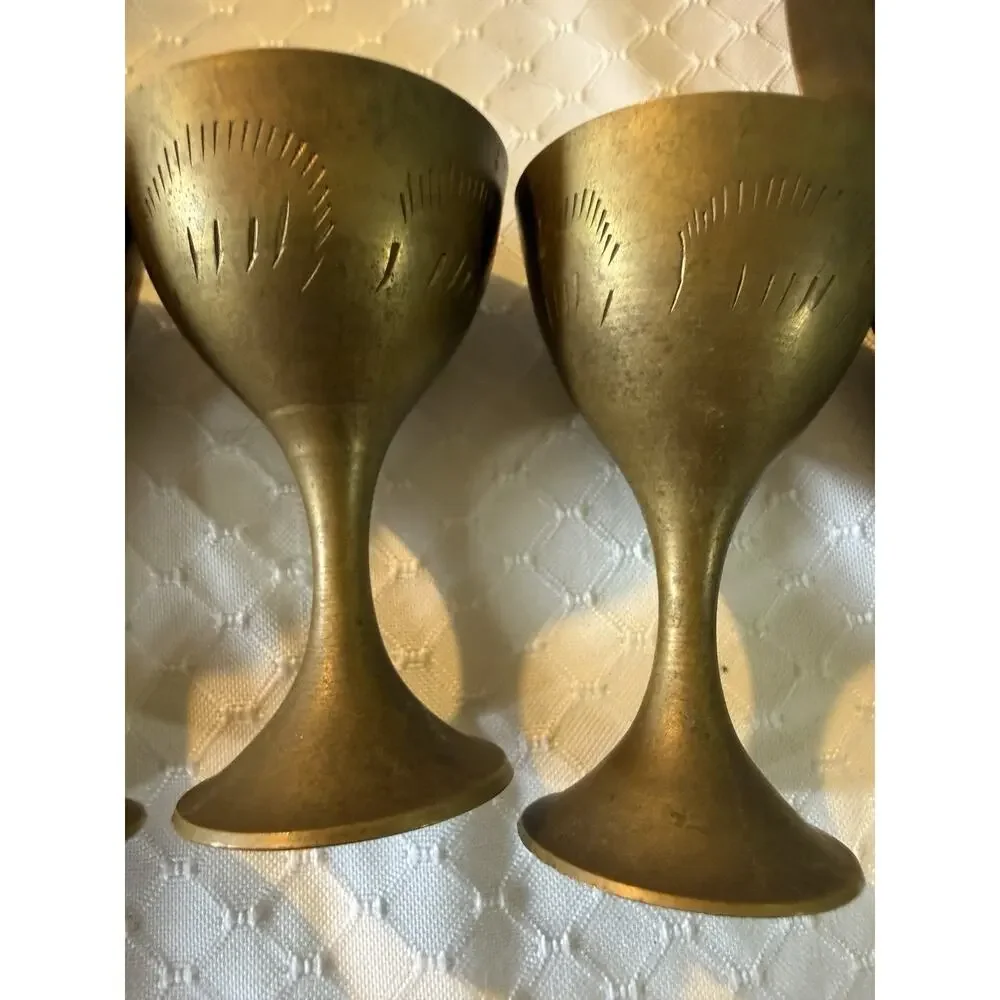Antique Brass Tea Set w/ Tray & Teapot, Round Gold/Brown, Engraved Finish